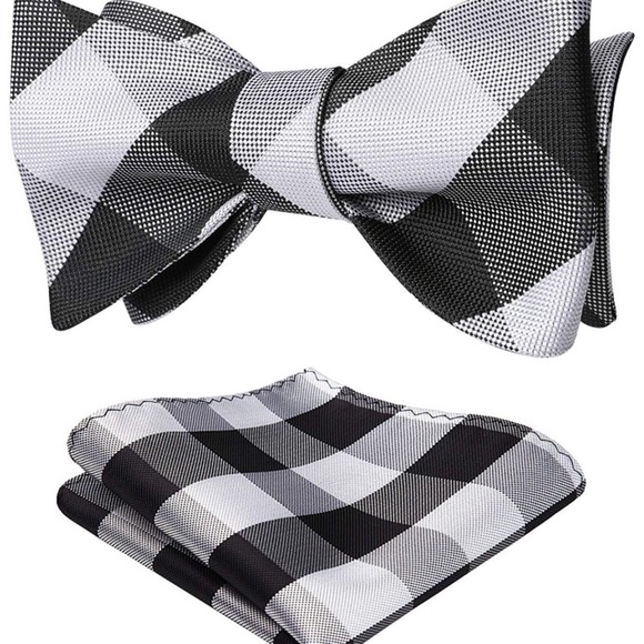 HISDERN Men Men\'s BLACK & WHITE Plaid Self Tie Bow Tie Set NWT